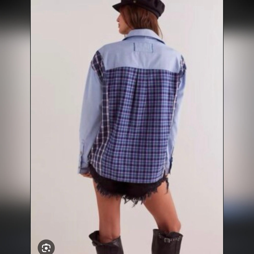 Free People NWOT Argyle Plaid Shirt in Blue-Multi Patchwork sz SML​ - Picture 4 of 12
